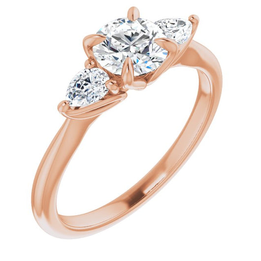 10K Rose Gold Customizable 3-stone Design with Round Cut Center and Dual Large Pear Side Stones