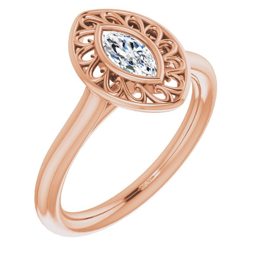 10K Rose Gold Customizable Cathedral-Bezel Style Marquise Cut Solitaire with Flowery Filigree