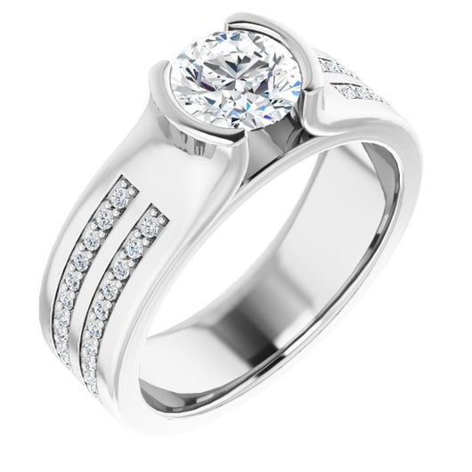 10K White Gold Customizable Bezel-set Round Cut Design with Thick Band featuring Double-Row Shared Prong Accents