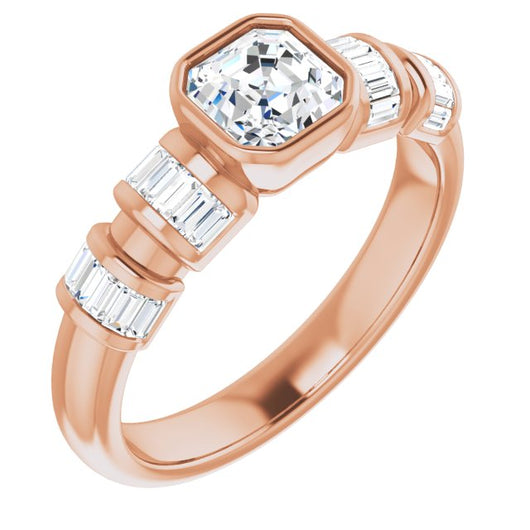 10K Rose Gold Customizable Bezel-set Asscher Cut Design with Quad Horizontal Band Sleeves of Baguette Accents