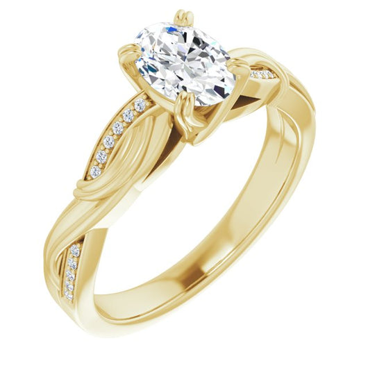 10K Yellow Gold Customizable Cathedral-raised Oval Cut Design featuring Rope-Braided Half-Pavé Band