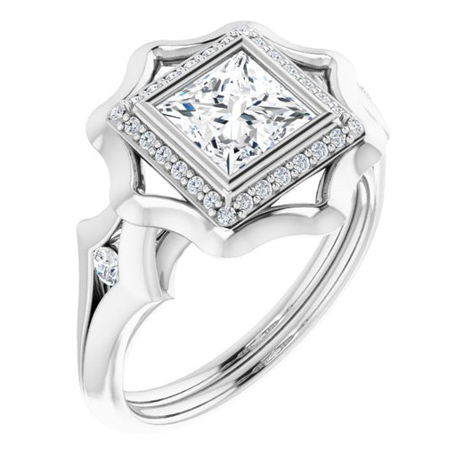 10K White Gold Customizable Bezel-set Princess/Square Cut with Halo & Oversized Floral Design