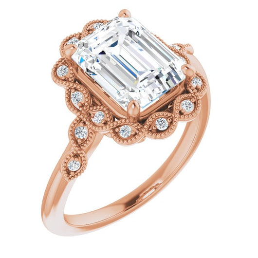 10K Rose Gold Customizable 3-stone Design with Emerald/Radiant Cut Center and Halo Enhancement