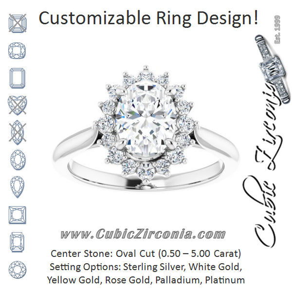 Cubic Zirconia Engagement Ring- The Honoka (Customizable Crown-Cathedral Oval Cut Design with Clustered Large-Accent Halo & Ultra-thin Band)