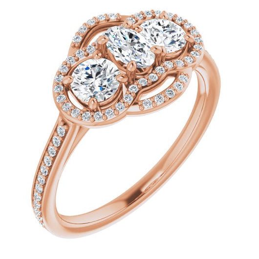 10K Rose Gold Customizable Enhanced 3-stone Double-Halo Style with Oval Cut Center and Thin Band