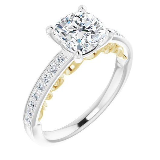 14K White & Yellow Gold Customizable Cushion Cut Design featuring 3-Sided Infinity Trellis and Round-Channel Accented Band