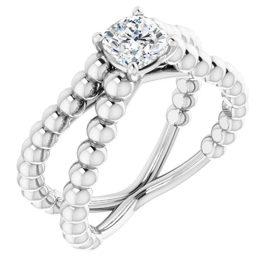 10K White Gold Customizable Cushion Cut Solitaire with Wide Beaded Split-Band