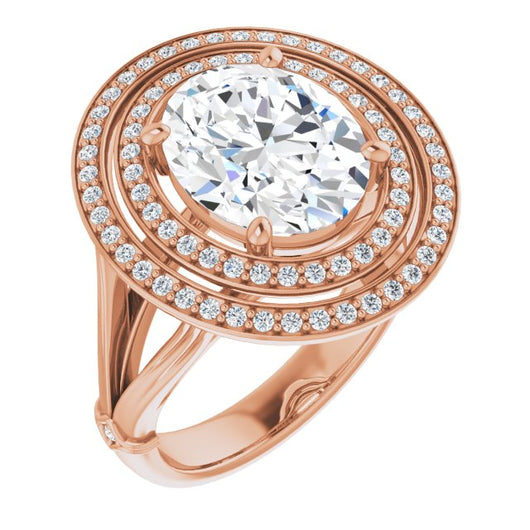 10K Rose Gold Customizable Cathedral-set Oval Cut Design with Double Halo, Wide Split Band and Side Knuckle Accents