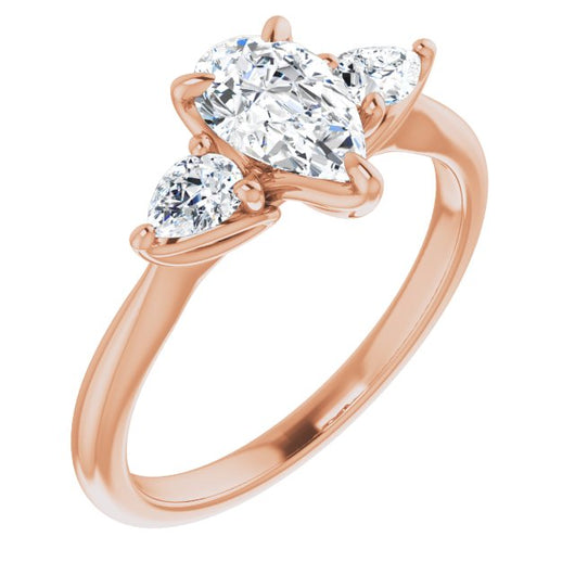 10K Rose Gold Customizable 3-stone Design with Pear Cut Center and Dual Large Pear Side Stones