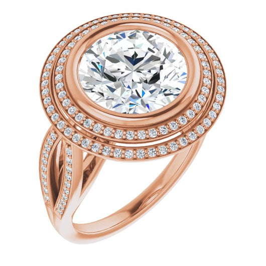 10K Rose Gold Customizable Bezel-set Round Cut Style with Double Halo and Split Shared Prong Band