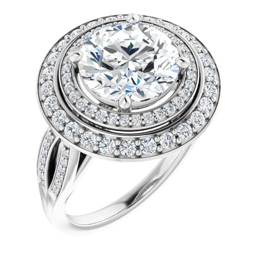 10K White Gold Customizable Cathedral-style Round Cut Design with Double Halo & Split-Pavé Band