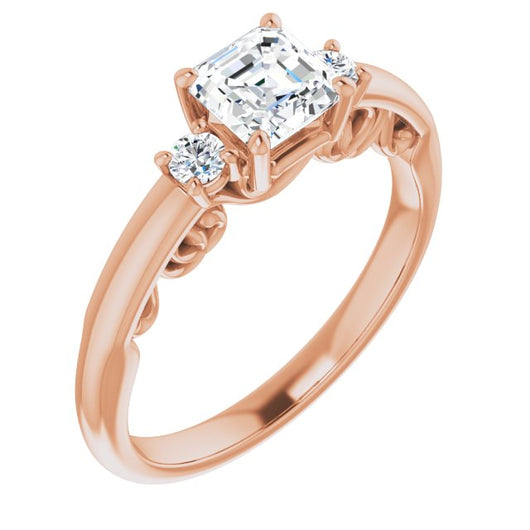 10K Rose Gold Customizable Asscher Cut 3-stone Style featuring Heart-Motif Band Enhancement