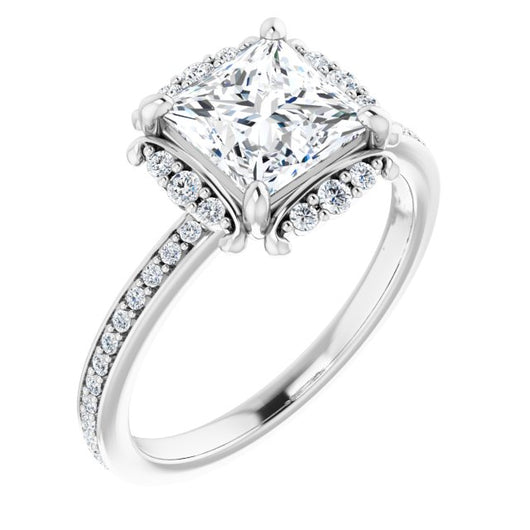 10K White Gold Customizable Princess/Square Cut Style with Halo and Thin Shared Prong Band