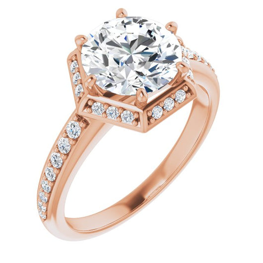 14K Rose Gold Customizable Round Cut Design with Geometric Under-Halo and Shared Prong Band