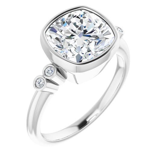 10K White Gold Customizable 5-stone Bezel-set Cushion Cut Design with Quad Round-Bezel Side Stones