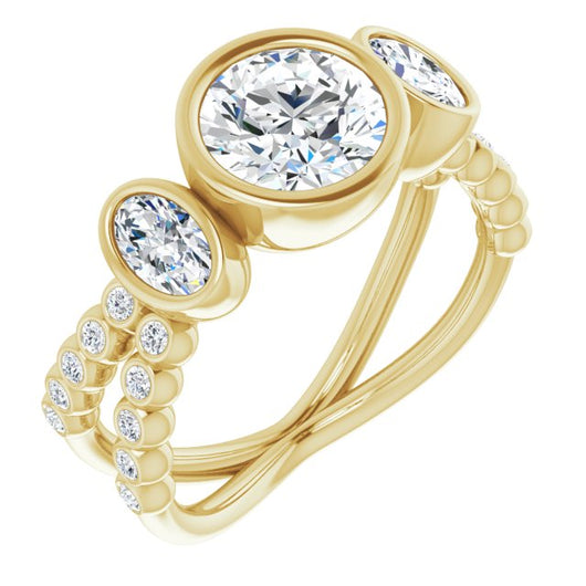 10K Yellow Gold Customizable Bezel-set Round Cut Design with Dual Bezel-Oval Accents and Round-Bezel Accented Split Band