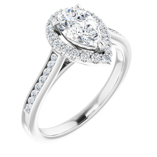 10K White Gold Customizable Pear Cut Design with Halo, Round Channel Band and Floating Peekaboo Accents