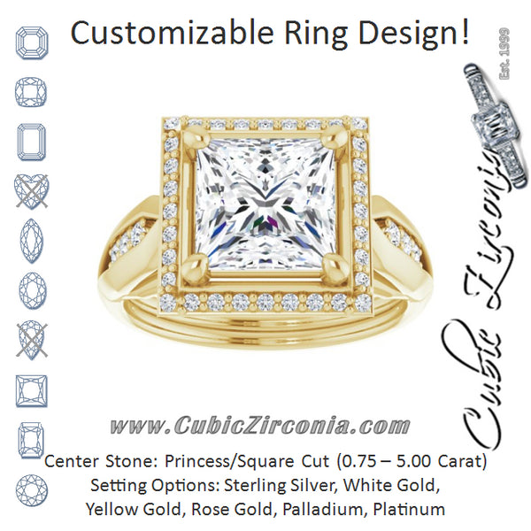 Cubic Zirconia Engagement Ring- The Ina Vaani (Customizable Cathedral-raised Princess/Square Cut Design with Halo and Tri-Cluster Band Accents)