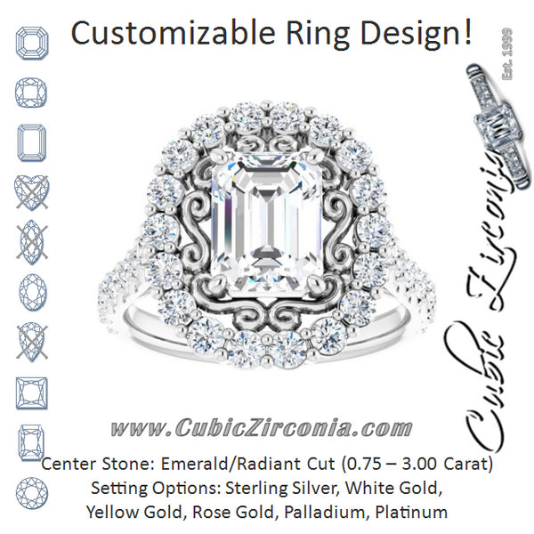 Cubic Zirconia Engagement Ring- The Flora (Customizable Emerald Cut Cathedral Style with Oversized Halo)