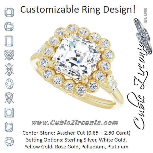 Cubic Zirconia Engagement Ring- The Chandni (Customizable Asscher Cut Cathedral-Style Clustered Halo Design with Round Bezel Accents)