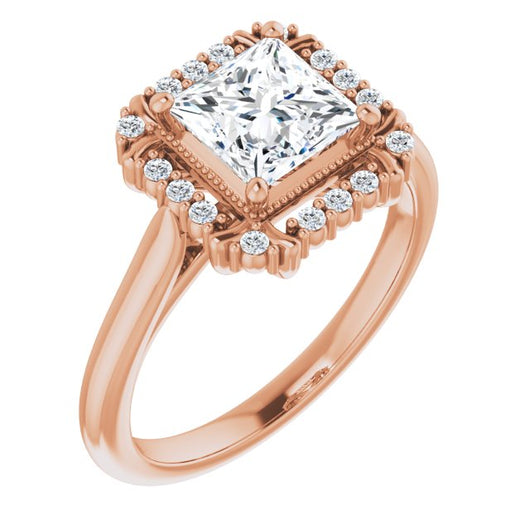 10K Rose Gold Customizable Princess/Square Cut Design with Majestic Crown Halo and Raised Illusion Setting