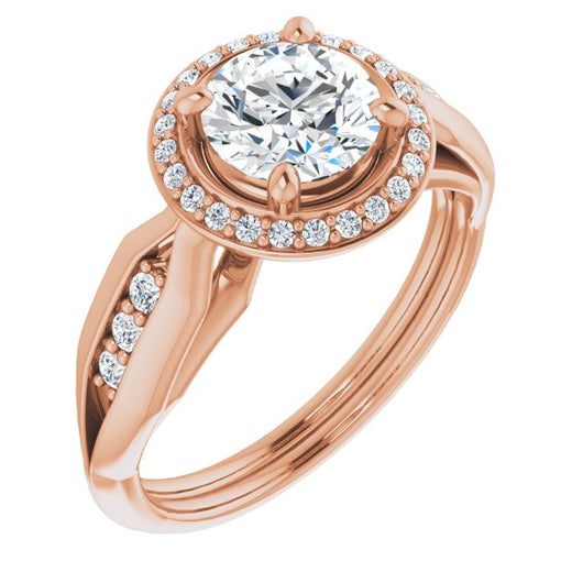 10K Rose Gold Customizable Cathedral-raised Round Cut Design with Halo and Tri-Cluster Band Accents