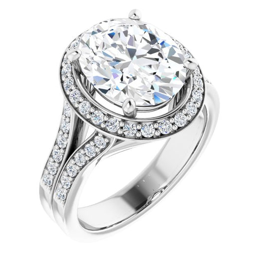 10K White Gold Customizable Oval Cut Halo Style with Accented Split-Band