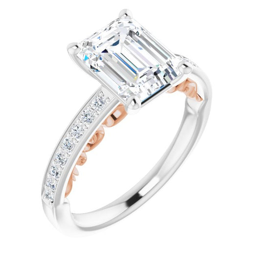 14K White & Rose Gold Customizable Emerald/Radiant Cut Design featuring 3-Sided Infinity Trellis and Round-Channel Accented Band