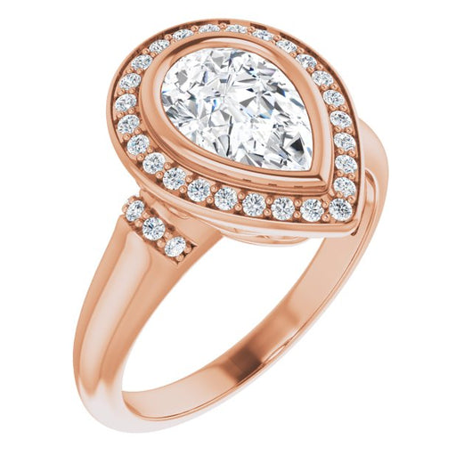 10K Rose Gold Customizable Bezel-set Pear Cut Design with Halo and Vertical Round Channel Accents