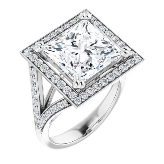 10K White Gold Customizable Cathedral-set Princess/Square Cut Style with Accented Split Band and Halo