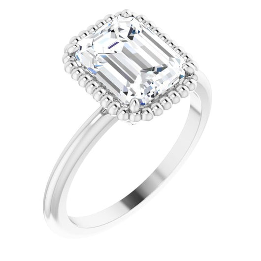 10K White Gold Customizable Emerald/Radiant Cut Solitaire with Beaded Metallic Milgrain