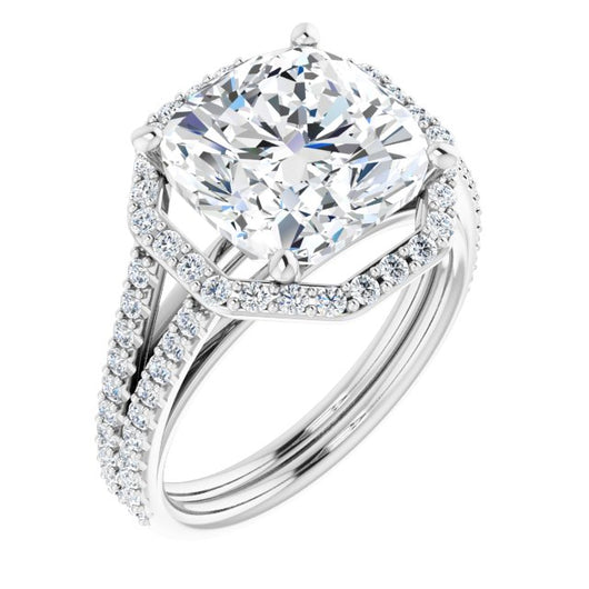 10K White Gold Customizable Cathedral Cushion Cut Design with Geometric Halo & Split Pavé Band