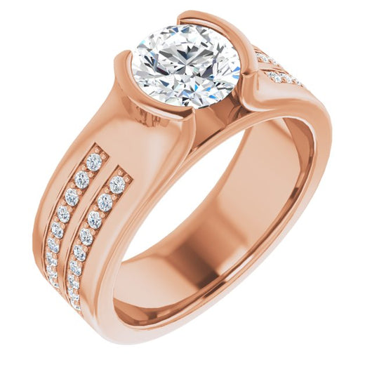 10K Rose Gold Customizable Bezel-set Round Cut Design with Thick Band featuring Double-Row Shared Prong Accents