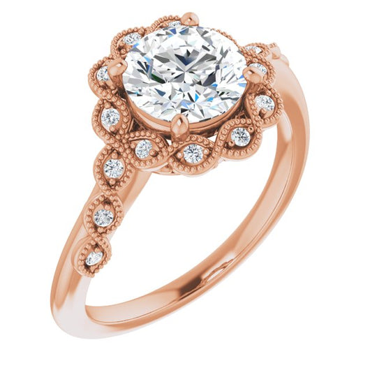 10K Rose Gold Customizable 3-stone Design with Round Cut Center and Halo Enhancement