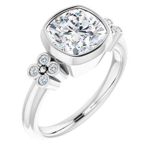 10K White Gold Customizable 9-stone Bezel-set Cushion Cut Design with Quad Round Bezel Side Stones Each Side