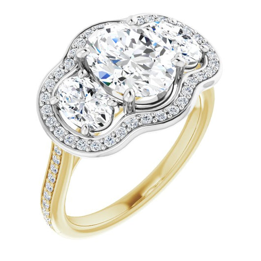 14K Yellow & White Gold Customizable Oval Cut Style with Oval Cut Accents, 3-stone Halo & Thin Shared Prong Band