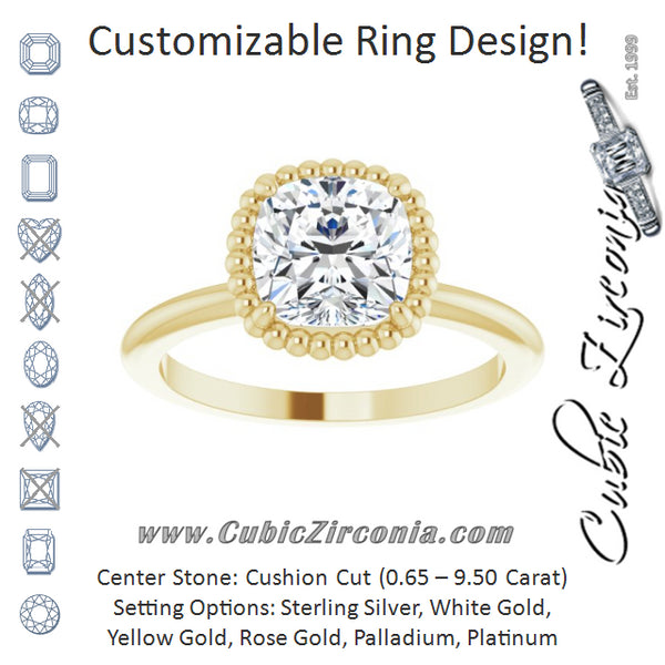 Cubic Zirconia Engagement Ring- The Jubilee (Customizable Cushion Cut Solitaire with Beaded Metallic Milgrain)