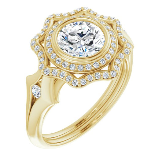 10K Yellow Gold Customizable Cathedral-bezel Round Cut Design with Floral Double Halo and Channel-Accented Split Band