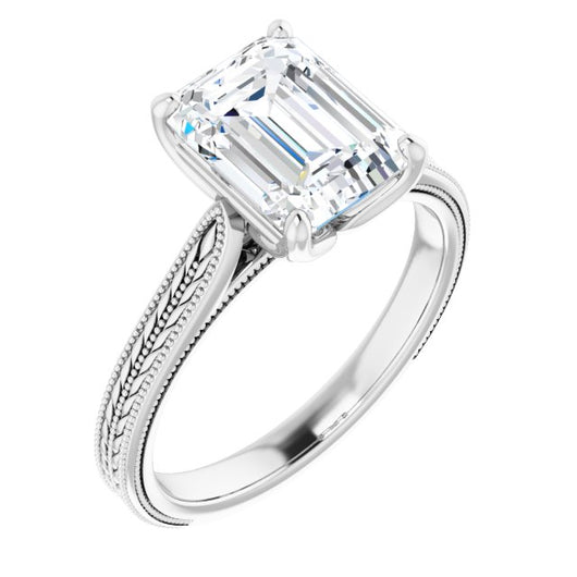 10K White Gold Customizable Emerald/Radiant Cut Solitaire with Wheat-inspired Band 