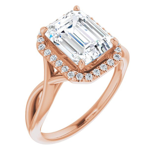 10K Rose Gold Customizable Cathedral-Halo Emerald/Radiant Cut Design with Twisting Split Band