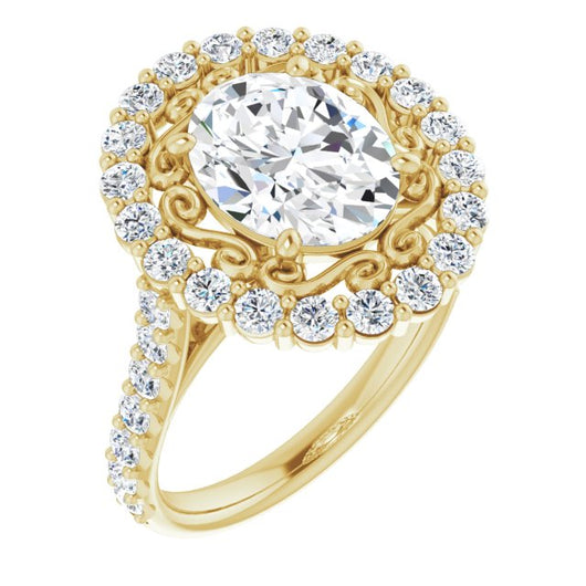 10K Yellow Gold Customizable Oval Cut Cathedral Style with Oversized Halo