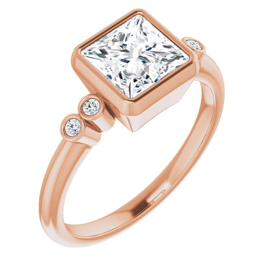 10K Rose Gold Customizable 5-stone Bezel-set Princess/Square Cut Design with Quad Round-Bezel Side Stones