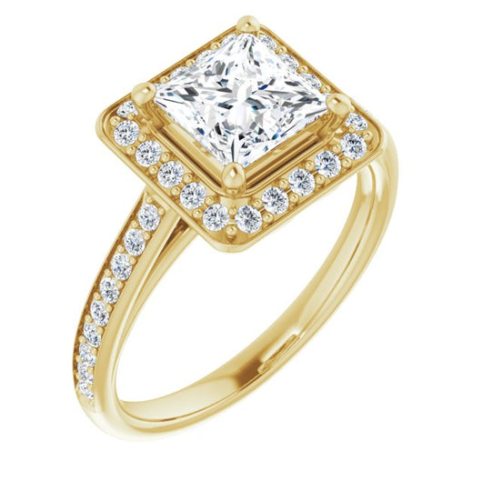 10K Yellow Gold Customizable Cathedral-raised Princess/Square Cut Halo-and-Accented Band Design