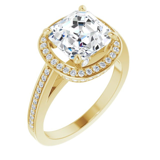 10K Yellow Gold Customizable Cathedral-set Asscher Cut Design with Halo, Thin Pavé Band & Round-Bezel Peekaboos