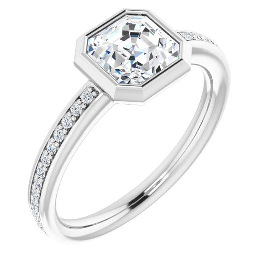 10K White Gold Customizable Bezel-Set Asscher Cut Center with Thin Shared Prong Band