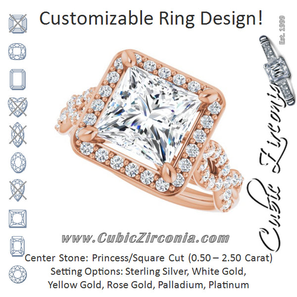 Cubic Zirconia Engagement Ring- The Jakayla (Customizable Cathedral-Halo Princess/Square Cut Design with Artisan Infinity-inspired Twisting Pavé Band)