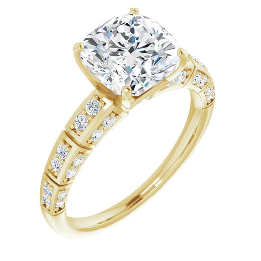 14K Yellow Gold Customizable Cushion Cut Style with Three-sided, Segmented Shared Prong Band