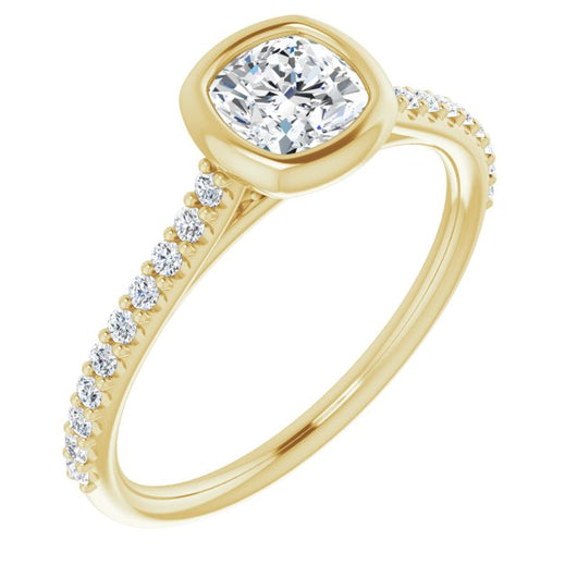 10K Yellow Gold Customizable Bezel-set Cushion Cut Style with Ultra-thin Pavé-Accented Band