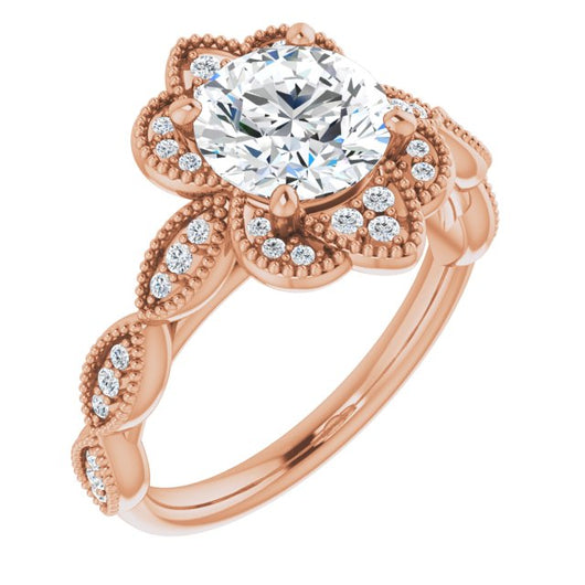 10K Rose Gold Customizable Cathedral-style Round Cut Design with Floral Segmented Halo & Milgrain+Accents Band