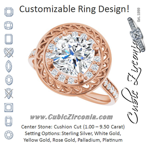 Cubic Zirconia Engagement Ring- The Ariané Contessa (Customizable Cathedral-style Cushion Cut featuring Cluster Accented Filigree Setting & Shared Prong Band)